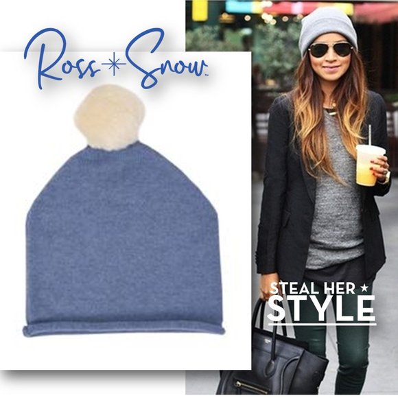 Ross & Snow Accessories - 𝐑𝐎𝐒𝐒 ✳ 𝐒𝐍𝐎𝐖 100% Cashmere Palla de Neve Blue Pom-Pom Beanie Cap - NEW!!!